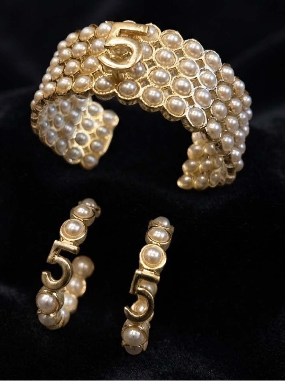 Gold-Tone Pearl Cuff Bracelet and '5' Hoop Earrings Set